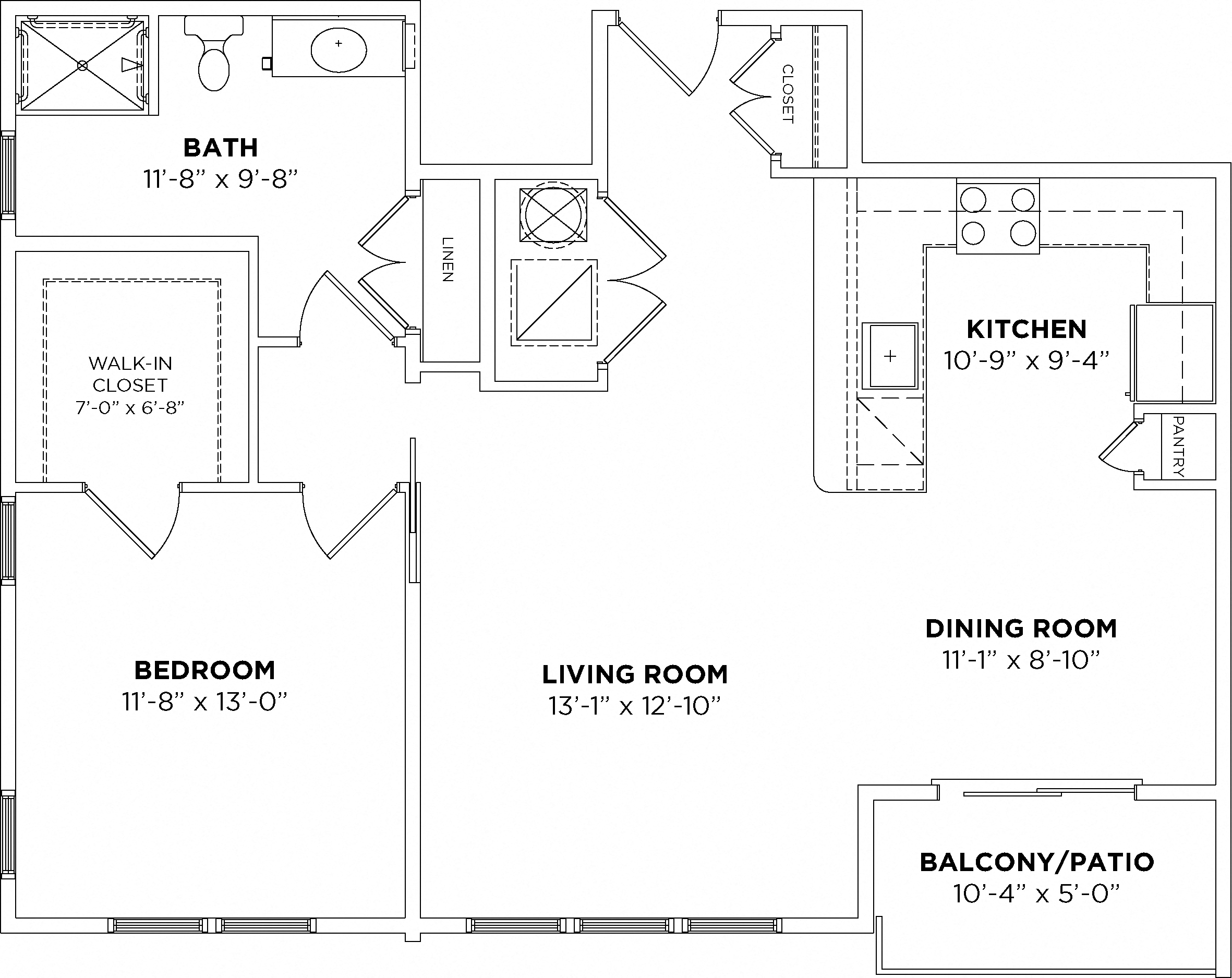 Floor plan for 1 bed, 1 bath, 968 sqft